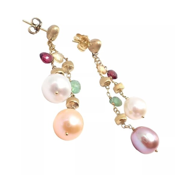 Authentic! Marco Bicego 18k Yellow Gold Paradise Multicolor Gems Pearl Earrings - Picture 9 of 10